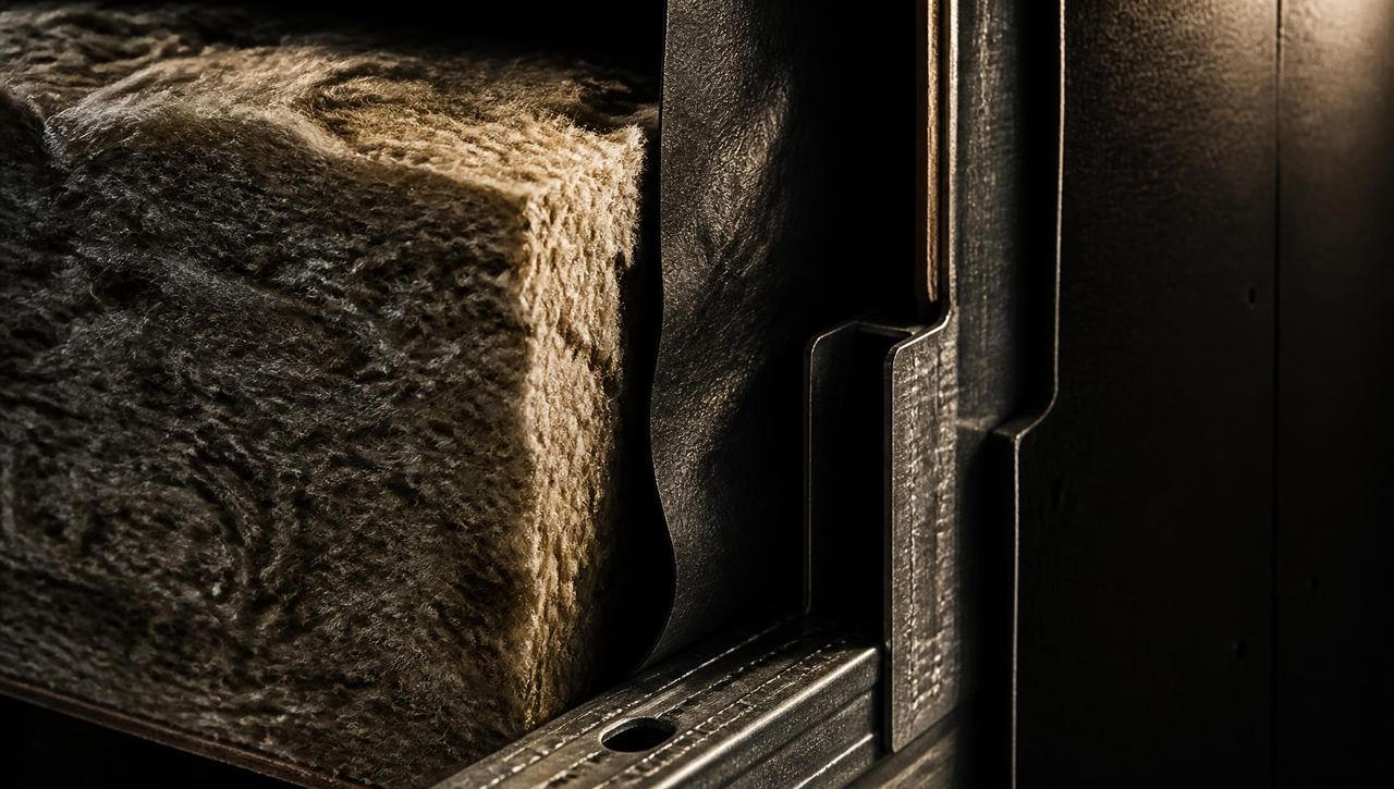Rockwool mineral wool batt packed into a stud cavity behind resilient channel on a soundproofed wall build