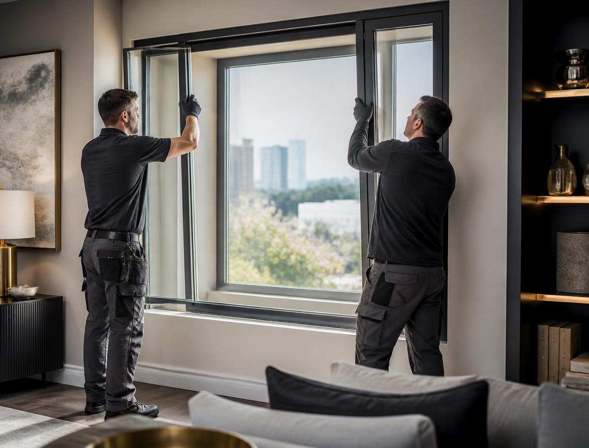 WCSS installers fitting an acoustic soundproof window insert into a finished living room window frame.